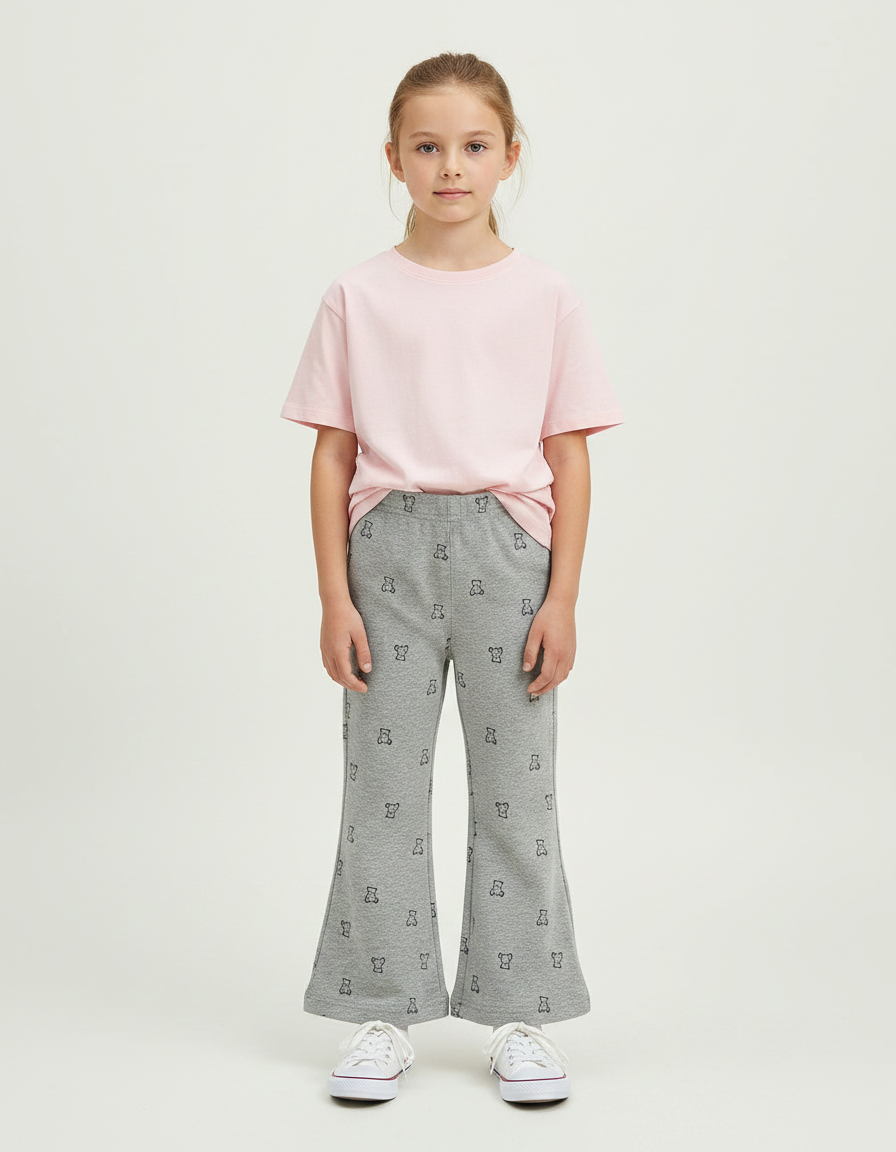 Pantalon Gris Évasé Imprimé Ours Confortable Fille - Molleton