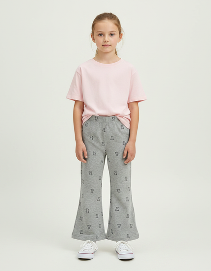Pantalon Gris Évasé Imprimé Ours Confortable Fille - Molleton