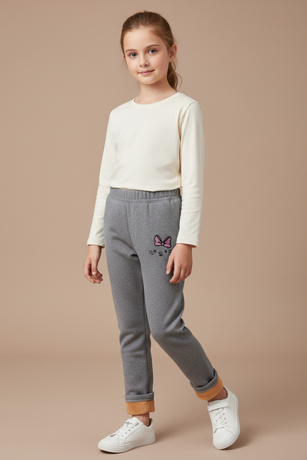 Pantalon Gris Molletonné Fille Hiver Chaud Chat