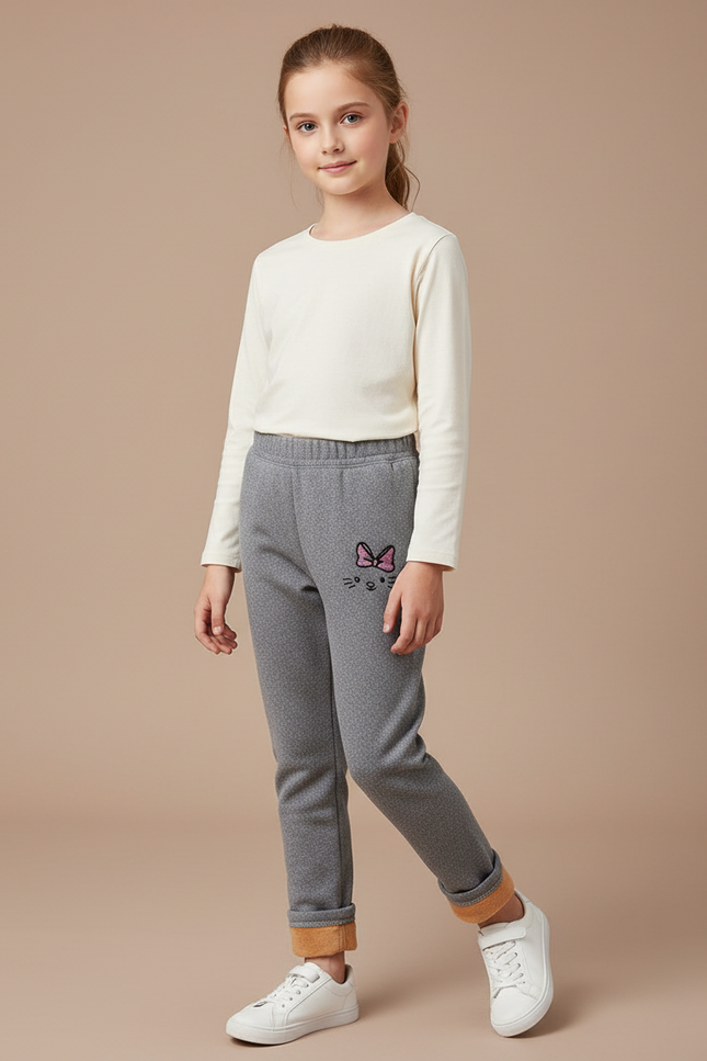 Pantalon Gris Molletonné Fille Hiver Chaud Chat