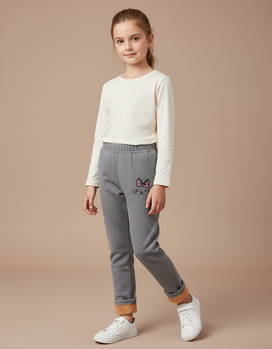 Pantalon Gris Molletonné Fille Hiver Chaud Chat