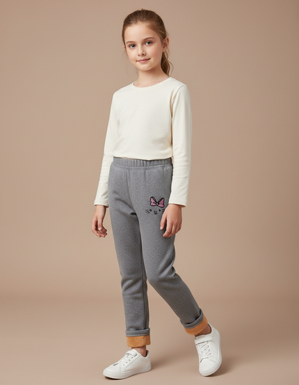 Pantalon Gris Molletonné Fille Hiver Chaud Chat