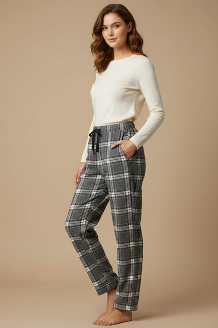 Pantalon Gris Carreaux Molletonné Confortable Femme