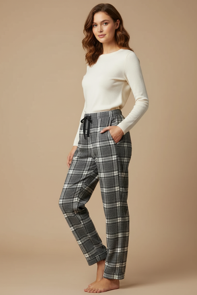 Pantalon Gris Carreaux Molletonné Confortable Femme