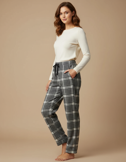 Pantalon Gris Carreaux Molletonné Confortable Femme