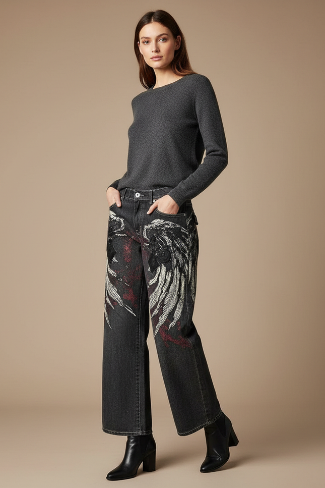 Pantalon Gris Large Imprimé Ailes Vintage Décontracté - Jean