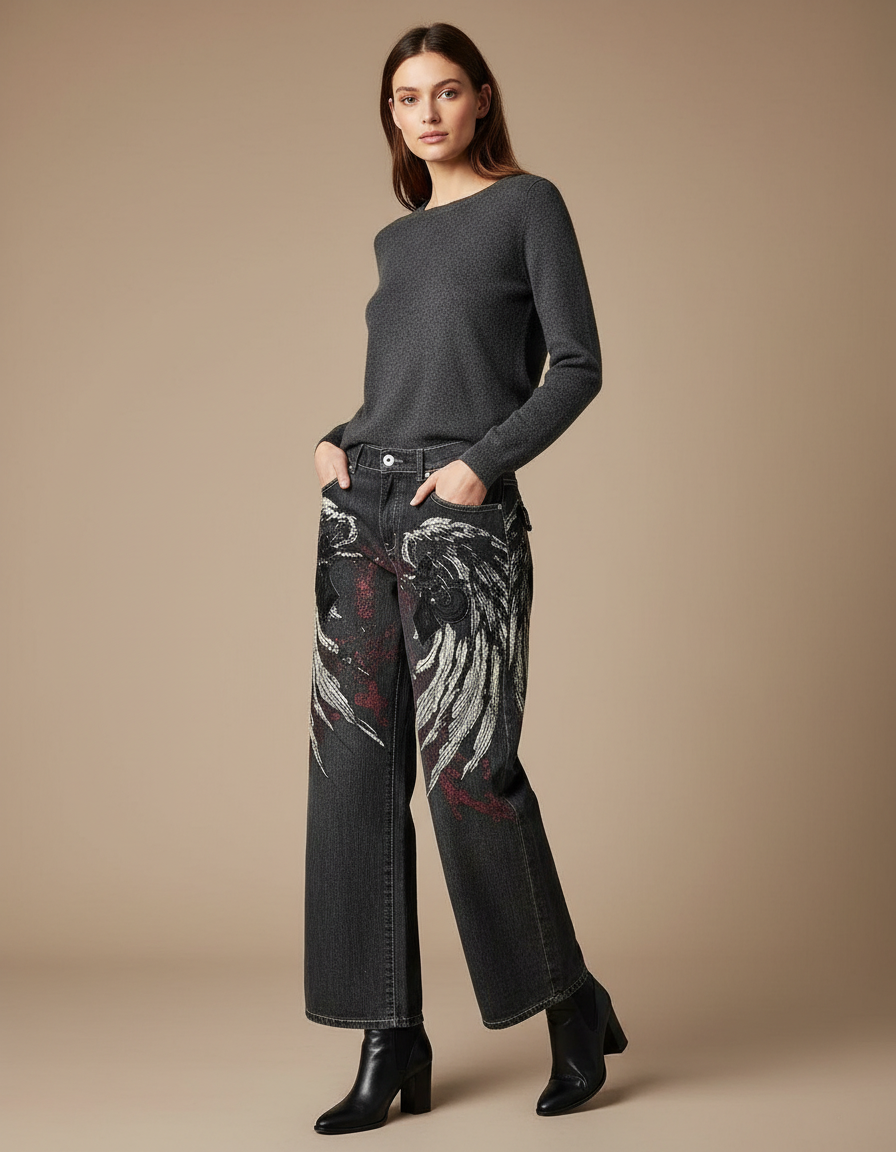 Pantalon Gris Large Imprimé Ailes Vintage Décontracté - Jean