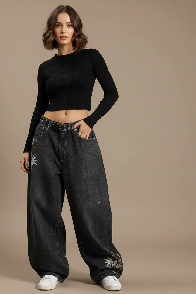 Pantalon Gris Jean Ample Brodée Streetwear Y2K