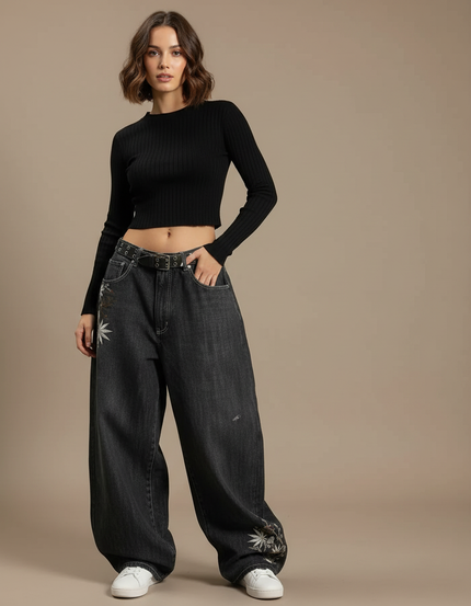 Pantalon Gris Jean Ample Brodée Streetwear Y2K