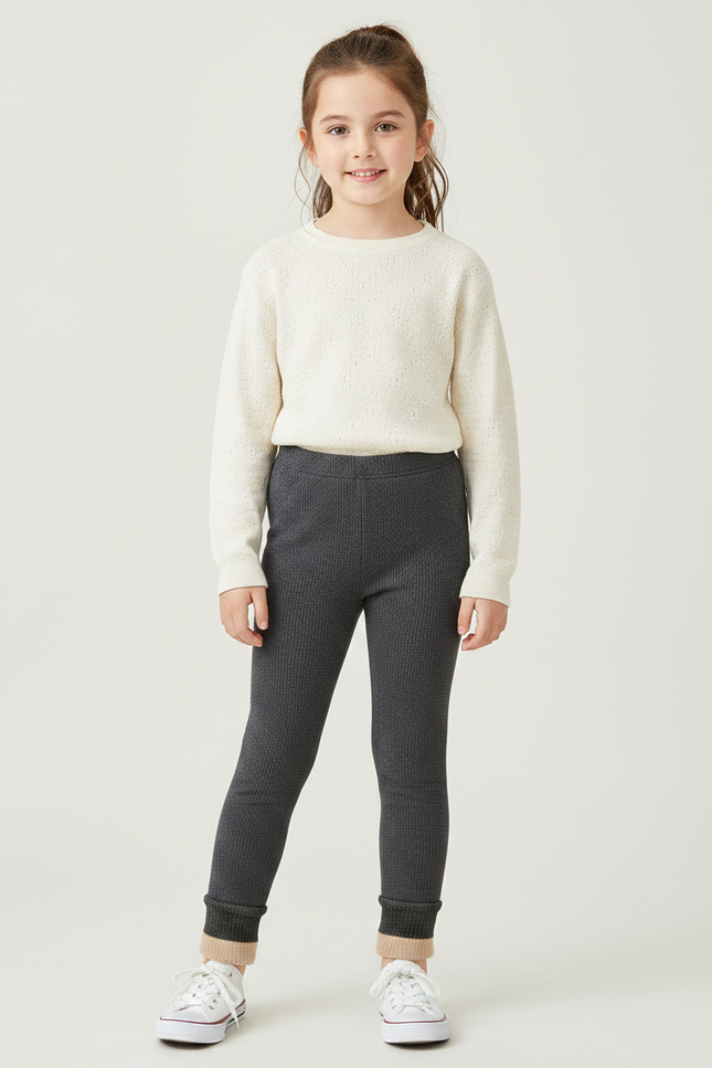 Pantalon Gris Côtelé Doublé Chaud Fille - Maille