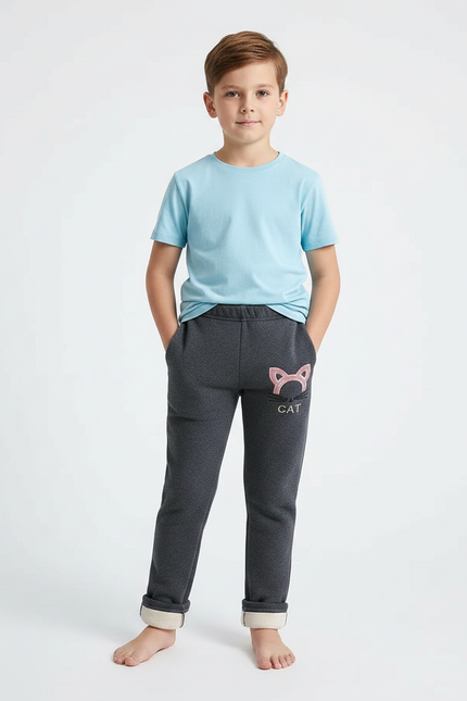 Pantalon Gris Molletonné Enfant Brodé Chat