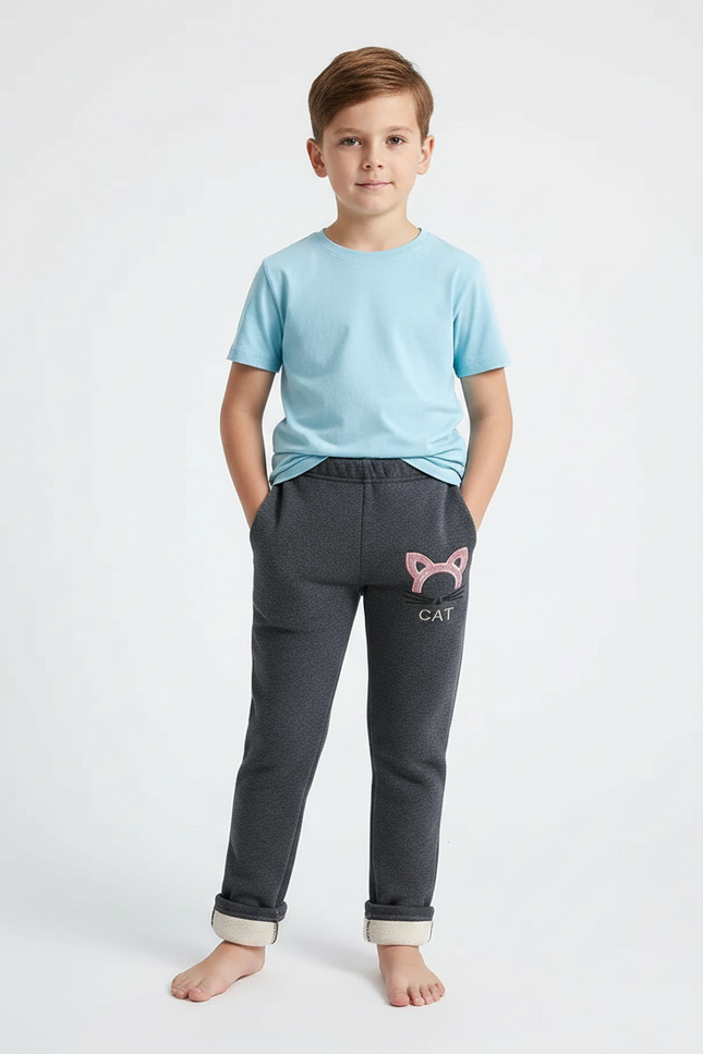 Pantalon Gris Molletonné Enfant Brodé Chat