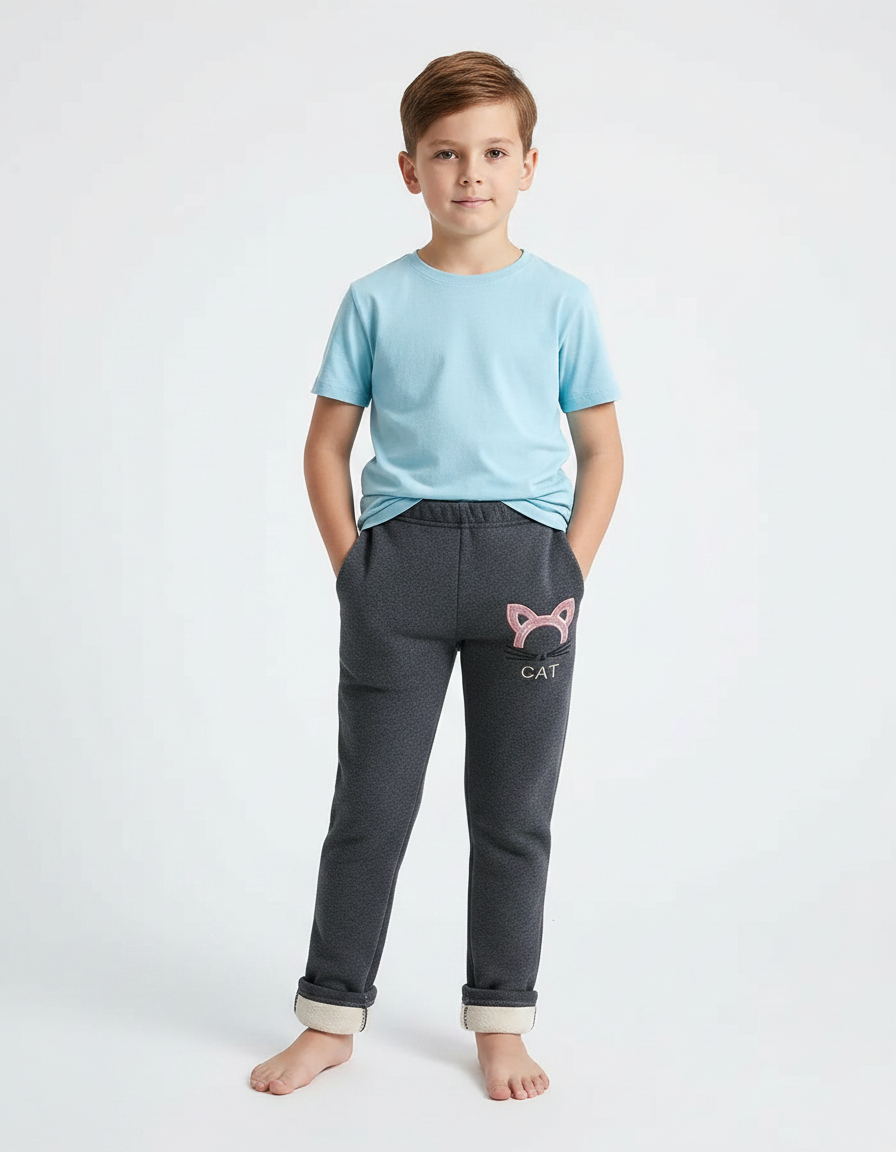Pantalon Gris Molletonné Enfant Brodé Chat