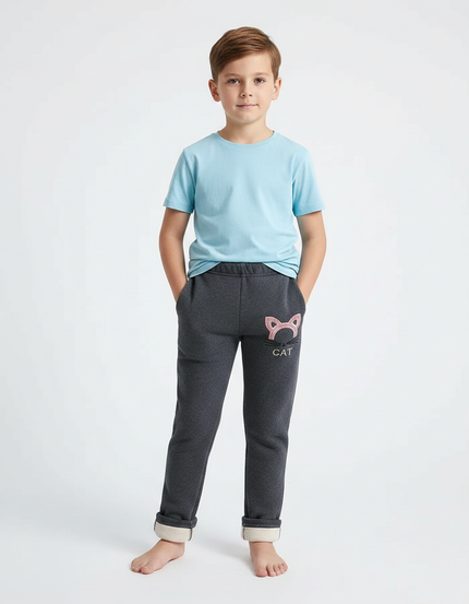 Pantalon Gris Molletonné Enfant Brodé Chat