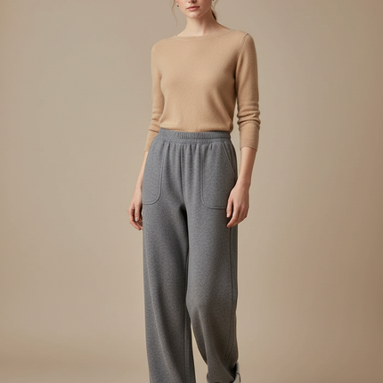Pantalon Gris Ample Décontracté Molleton Doublé Femme