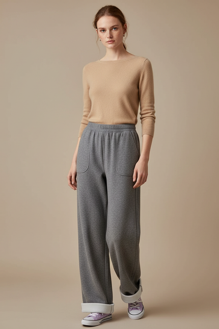 Pantalon Gris Ample Décontracté Molleton Doublé Femme