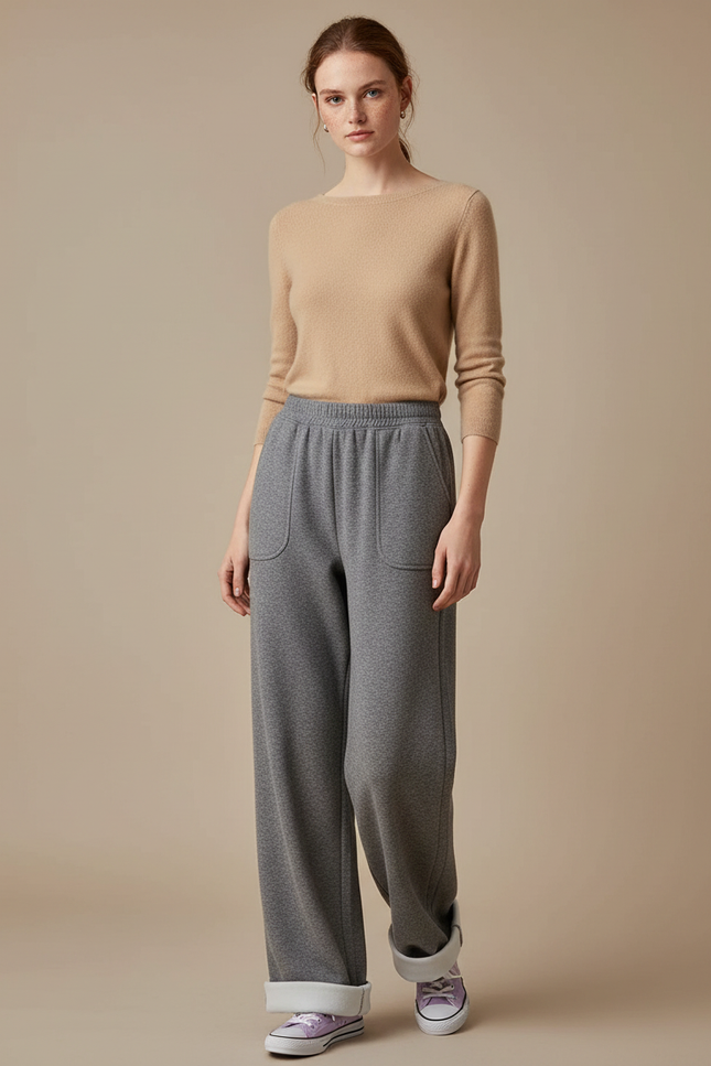 Pantalon Gris Ample Décontracté Molleton Doublé Femme