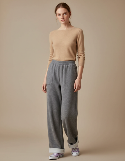 Pantalon Gris Ample Décontracté Molleton Doublé Femme