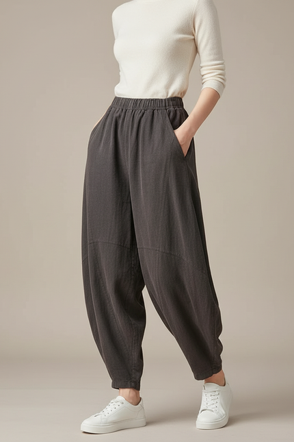 Pantalon Gris Ample Lin Coton Décontracté Femme