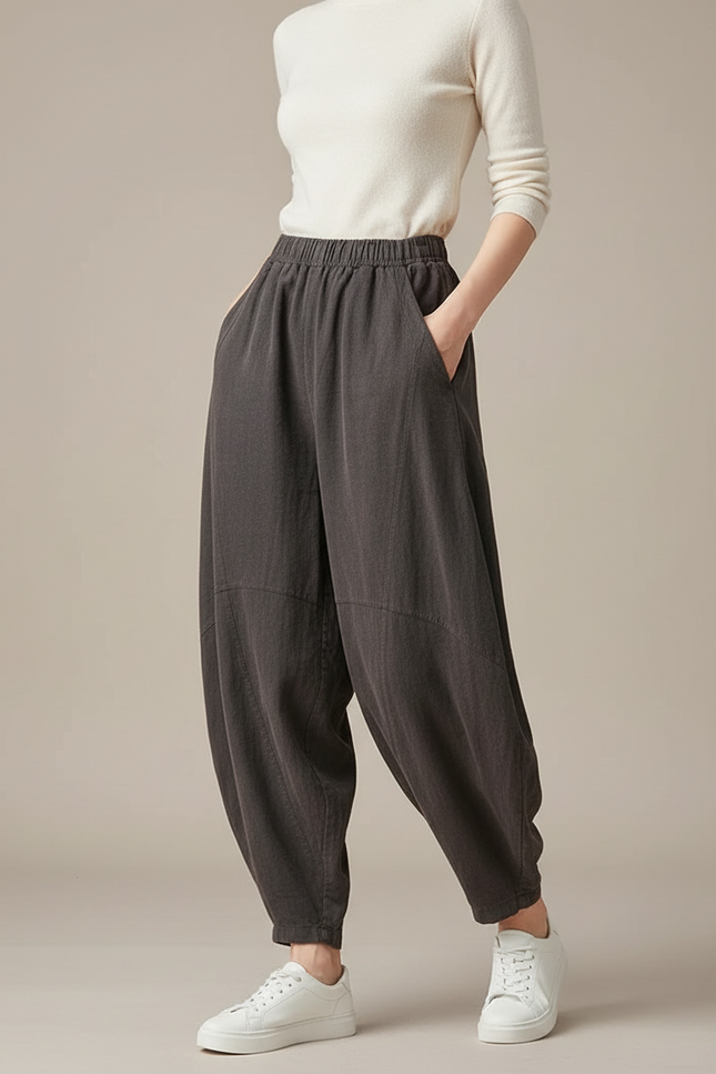 Pantalon Gris Ample Lin Coton Décontracté Femme