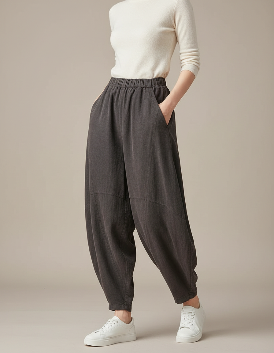 Pantalon Gris Ample Lin Coton Décontracté Femme