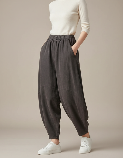 Pantalon Gris Ample Lin Coton Décontracté Femme
