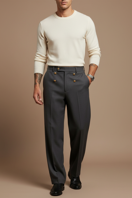 Pantalon Gris Ample Droit Élégant Boutons Dorés - Laine