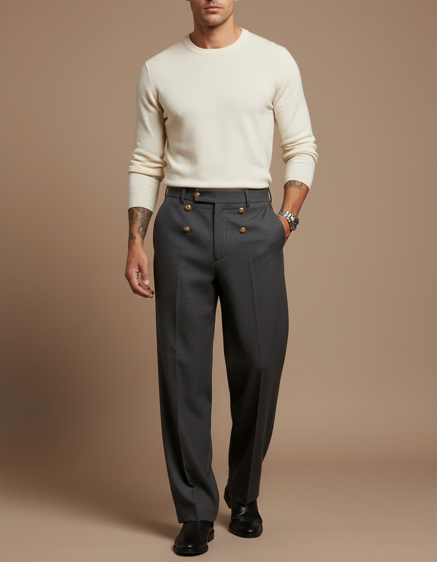 Pantalon Gris Ample Droit Élégant Boutons Dorés - Laine