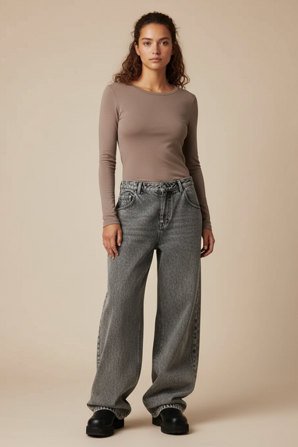 Pantalon Gris Jean Large Décontracté Femme