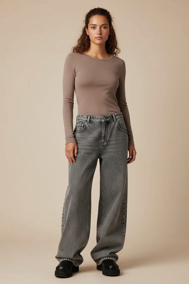 Pantalon Gris Jean Large Décontracté Femme