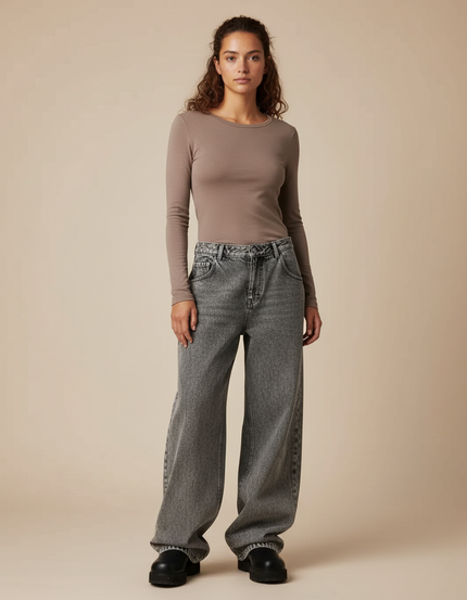 Pantalon Gris Jean Large Décontracté Femme