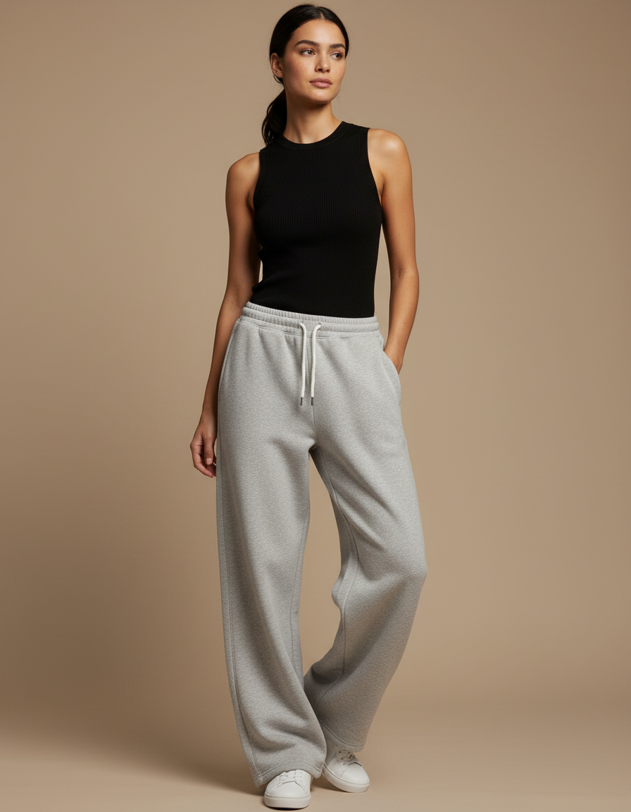 Pantalon Gris Ample Décontracté Molletonné Cordon