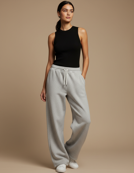 Pantalon Gris Ample Décontracté Molletonné Cordon