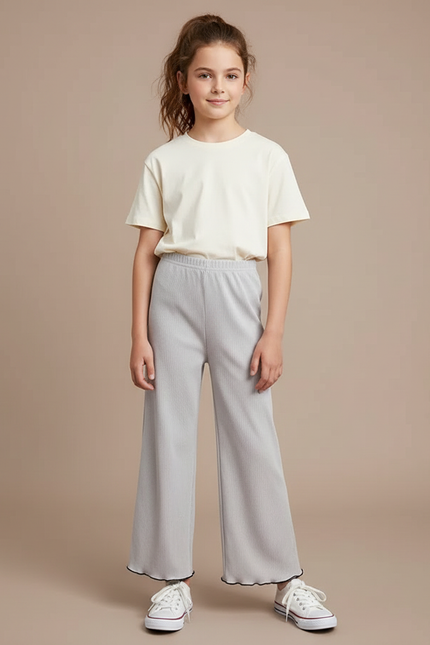 Pantalon Gris Côtelé Évasé Confortable Fille - Maille