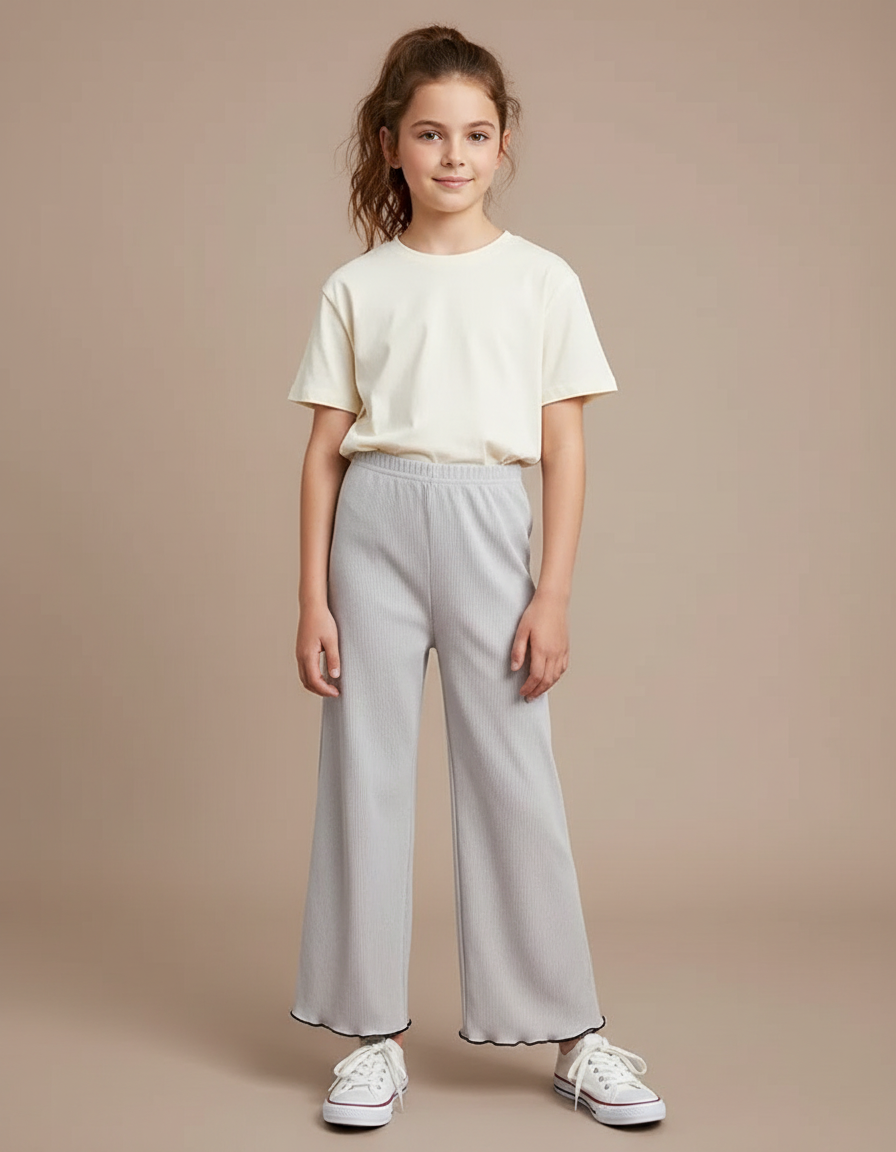 Pantalon Gris Côtelé Évasé Confortable Fille - Maille