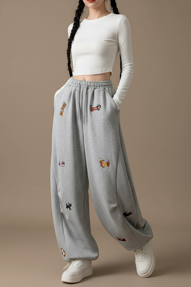 Pantalon Gris Ample Brodé Décontracté Confortable Femme - Molleton