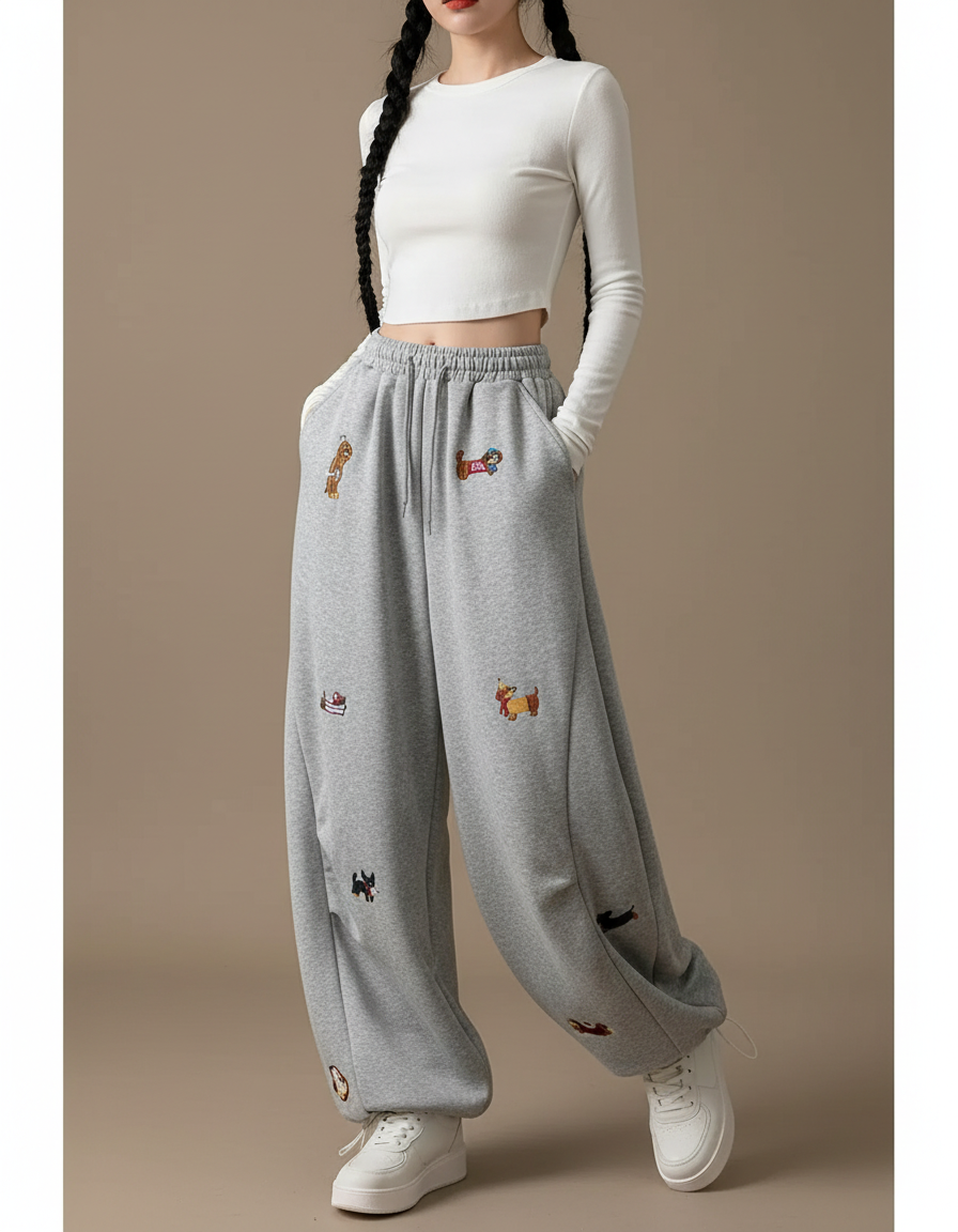 Pantalon Gris Ample Brodé Décontracté Confortable Femme - Molleton