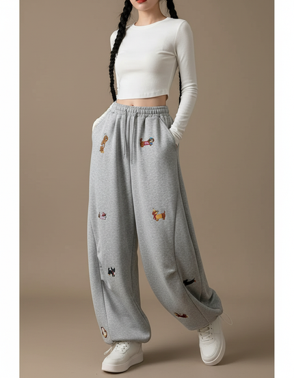 Pantalon Gris Ample Brodé Décontracté Confortable Femme - Molleton