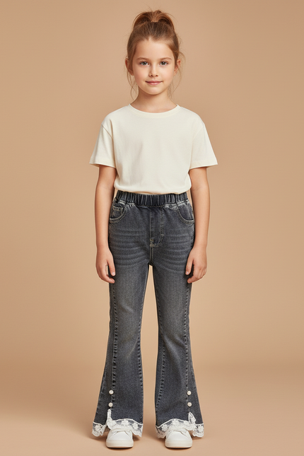Pantalon Gris Évasé Dentelle Perles Fille - Jean