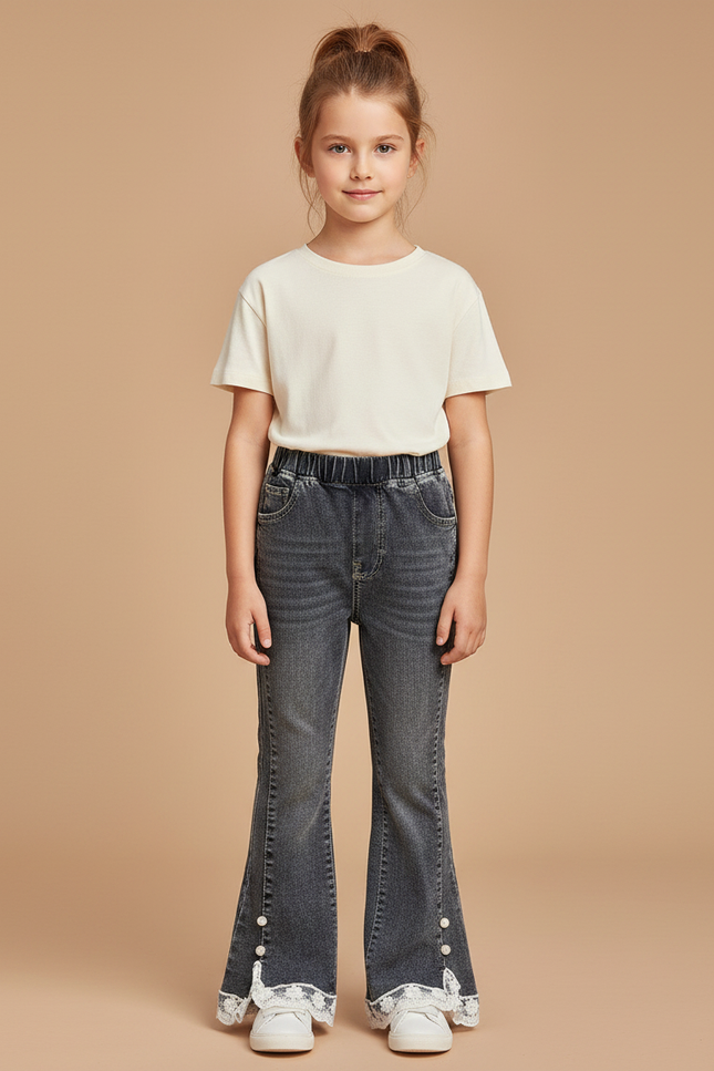 Pantalon Gris Évasé Dentelle Perles Fille - Jean
