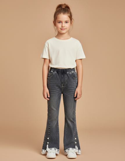Pantalon Gris Évasé Dentelle Perles Fille - Jean