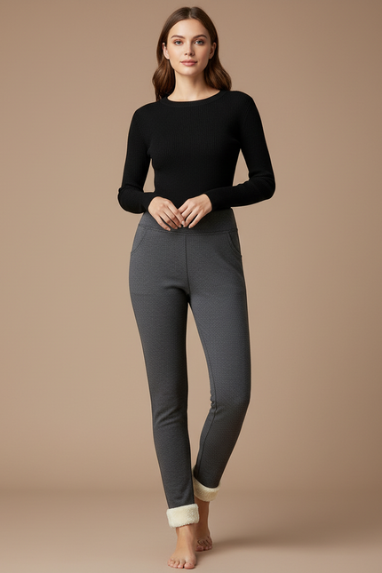 Pantalon Gris Molletonné Doublé Chaud Confortable Femme