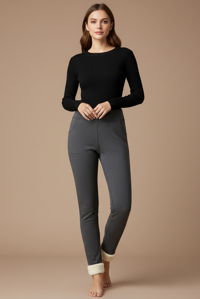 Pantalon Gris Molletonné Doublé Chaud Confortable Femme