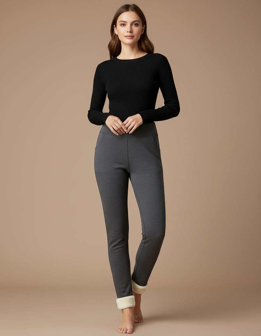 Pantalon Gris Molletonné Doublé Chaud Confortable Femme