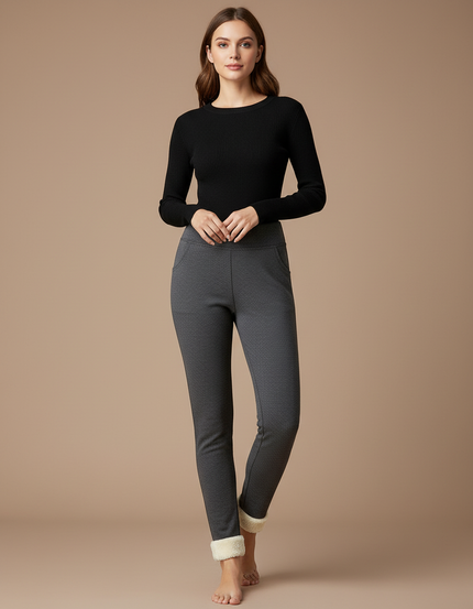 Pantalon Gris Molletonné Doublé Chaud Confortable Femme