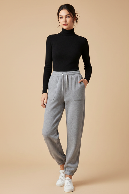 Pantalon Gris Molletonné Ample Confortable Décontracté Femme