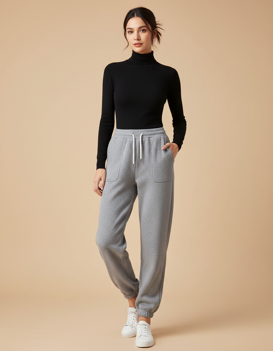 Pantalon Gris Molletonné Ample Confortable Décontracté Femme