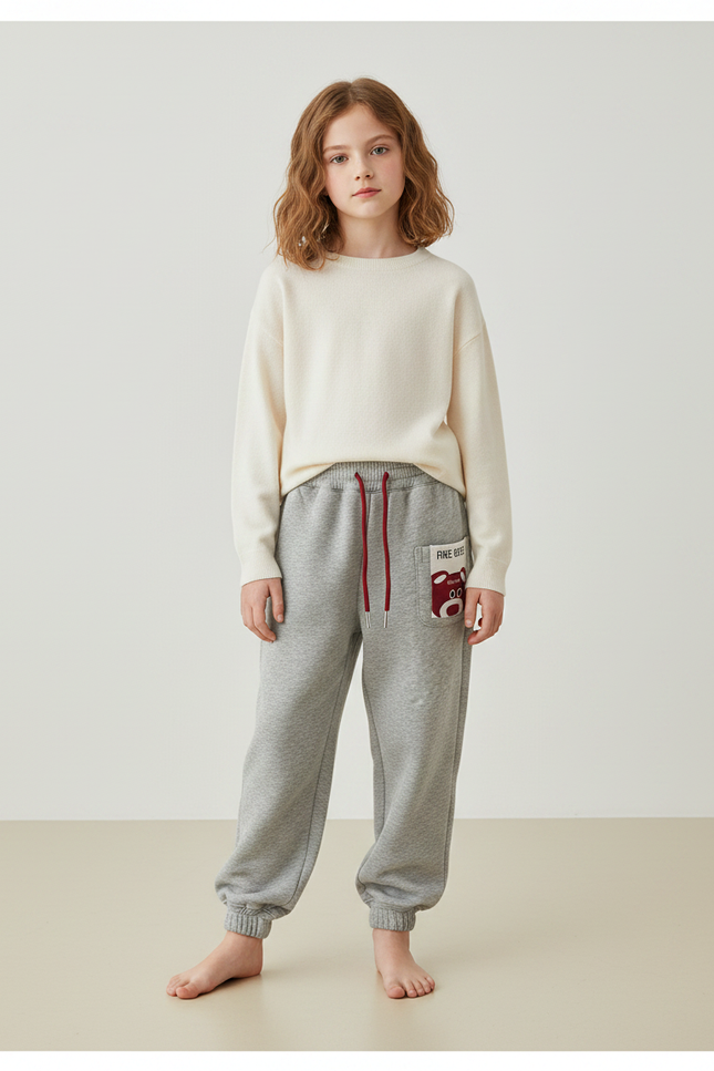 Pantalon Gris Molletonné Enfant Décontracté Cordon