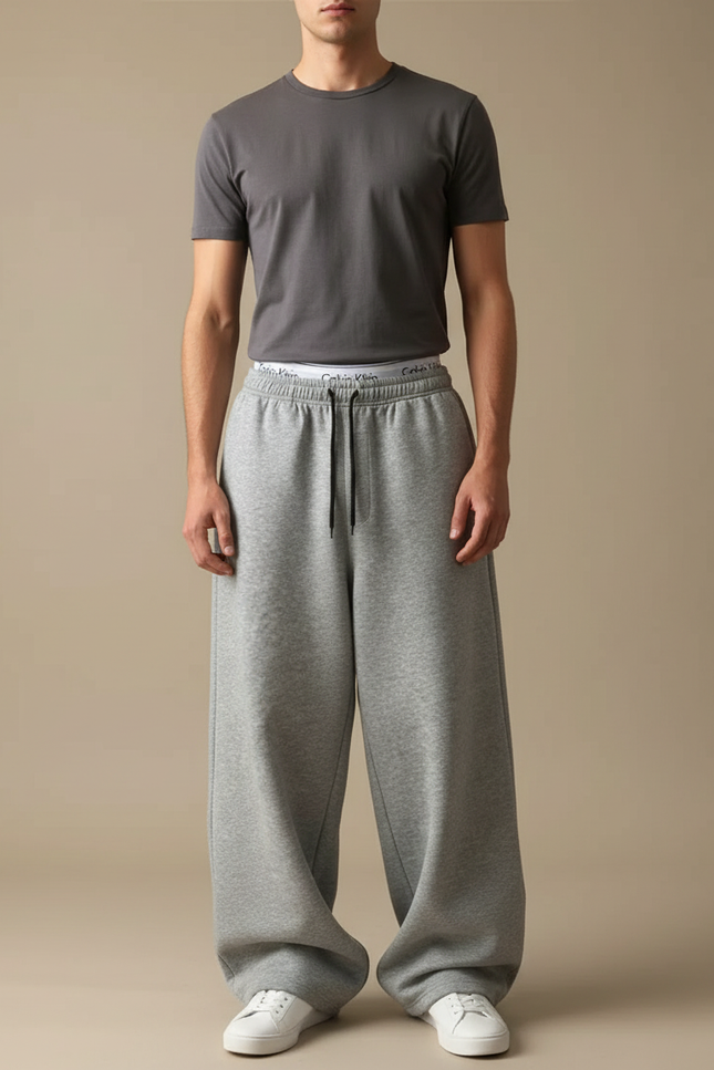 Pantalon Gris Ample Molletonné Décontracté Homme