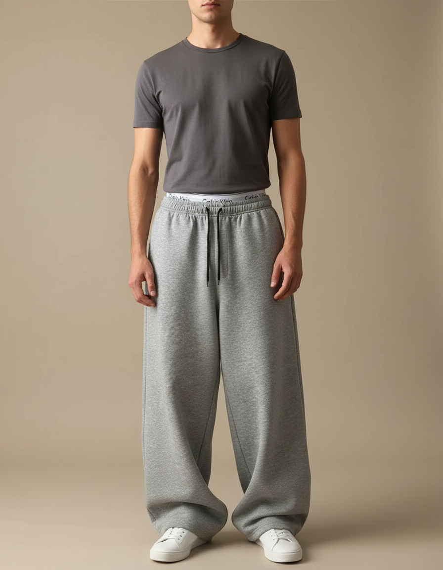 Pantalon Gris Ample Molletonné Décontracté Homme